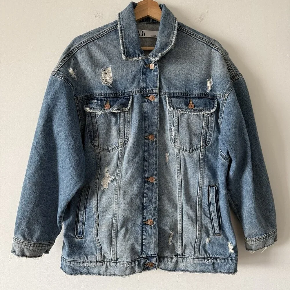 Zara Men's Denim Jacket Sz Large Distressed Grunge‎ 100% Cotton Urban RARE
